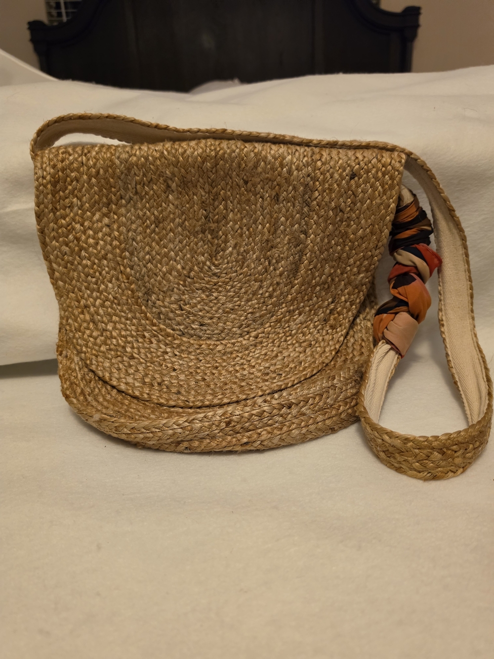 Braided Straw Crossbody Bag with Scarf-Trim Strap - Tan